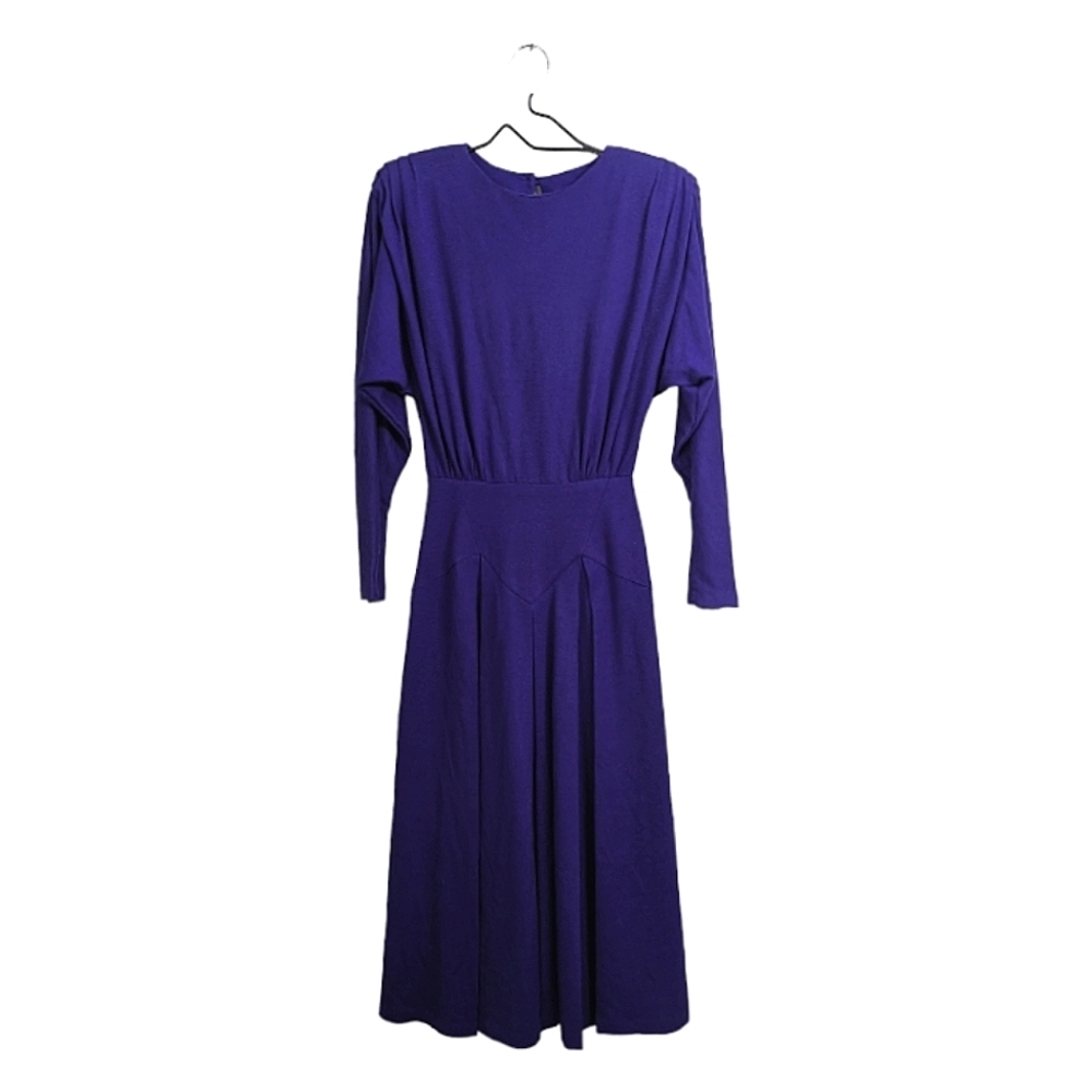 Nancy Johnson Vintage Wool Blend Royal Blue Midi Dress Long Sleeve Pleated 4